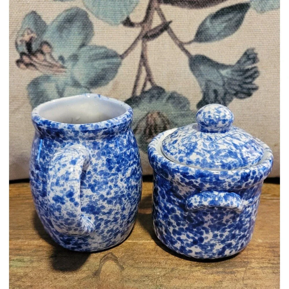 Adorable Blue and White Spongeware Sugar Bowl & Creamer Set - 1950's